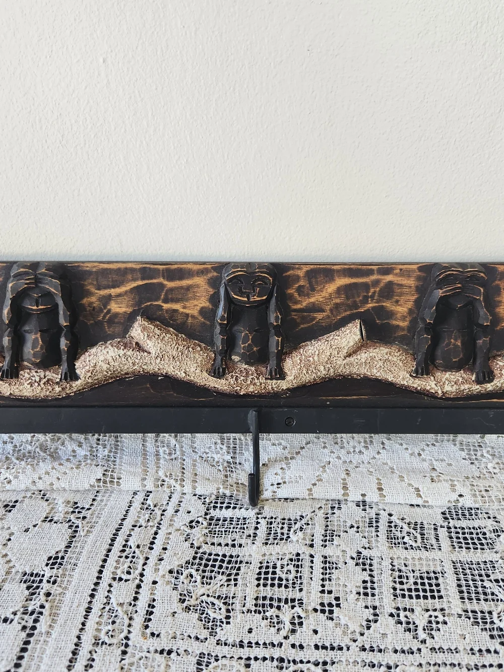 Vintage Carved Wooden Wall Hook with Gold Accents